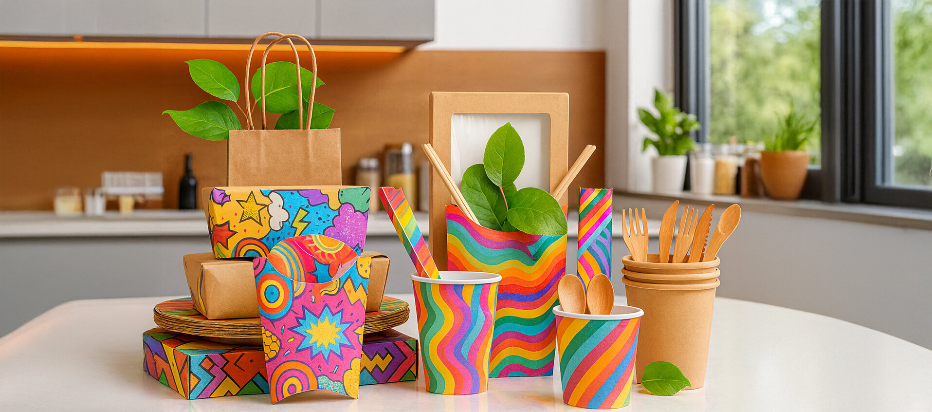 Modern kitchen featuring printed paper packaging with inner coating, combining practicality, protection, and eco-friendly design.