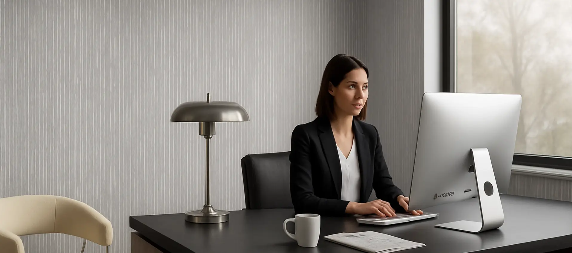 Woman working at a sleek modern workstation, with a contemporary fiberglass wall in the background.
