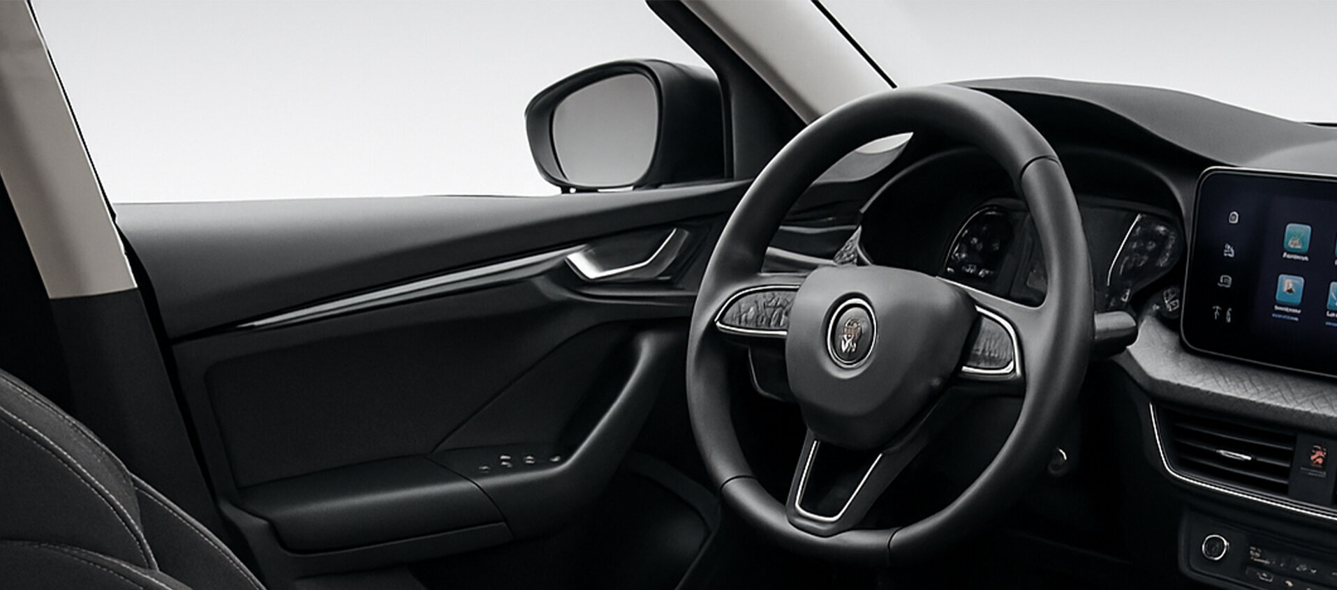 Automotive interior view featuring clearly visible A- and B-pillars, emphasizing modern vehicle structure and safety design.