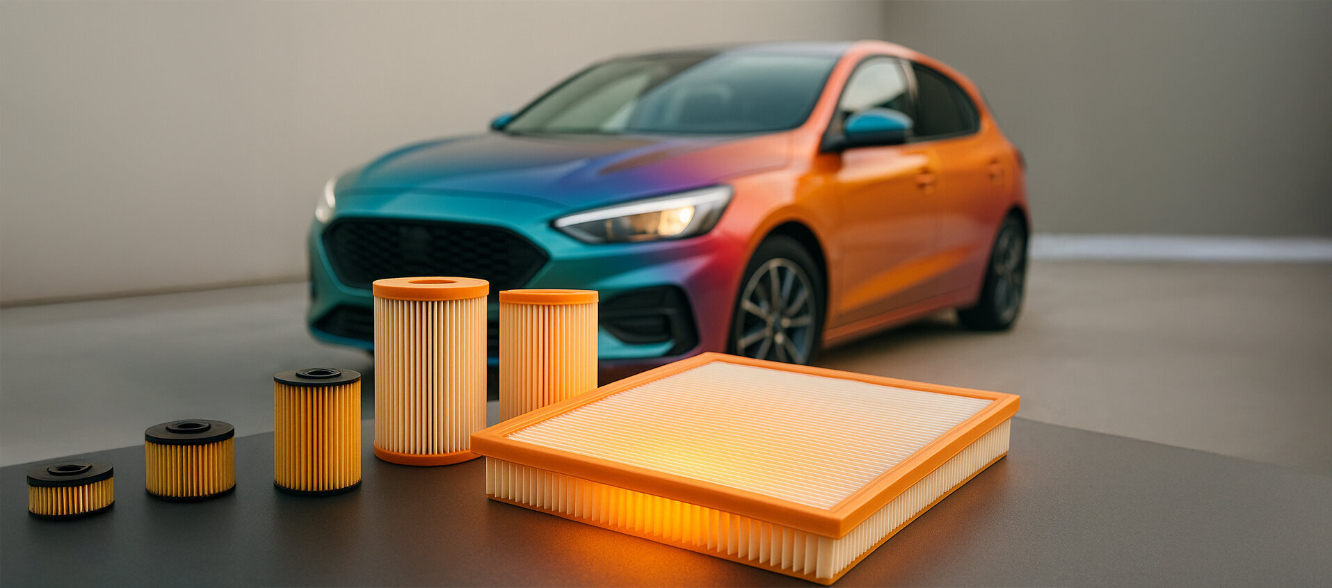 Automotive paper filters displayed with a modern car in background