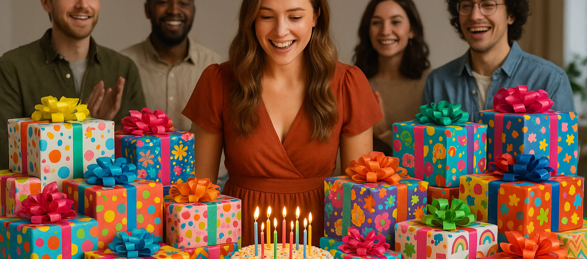 Woman with birthday cake and gifts wrapped in decorative paper
