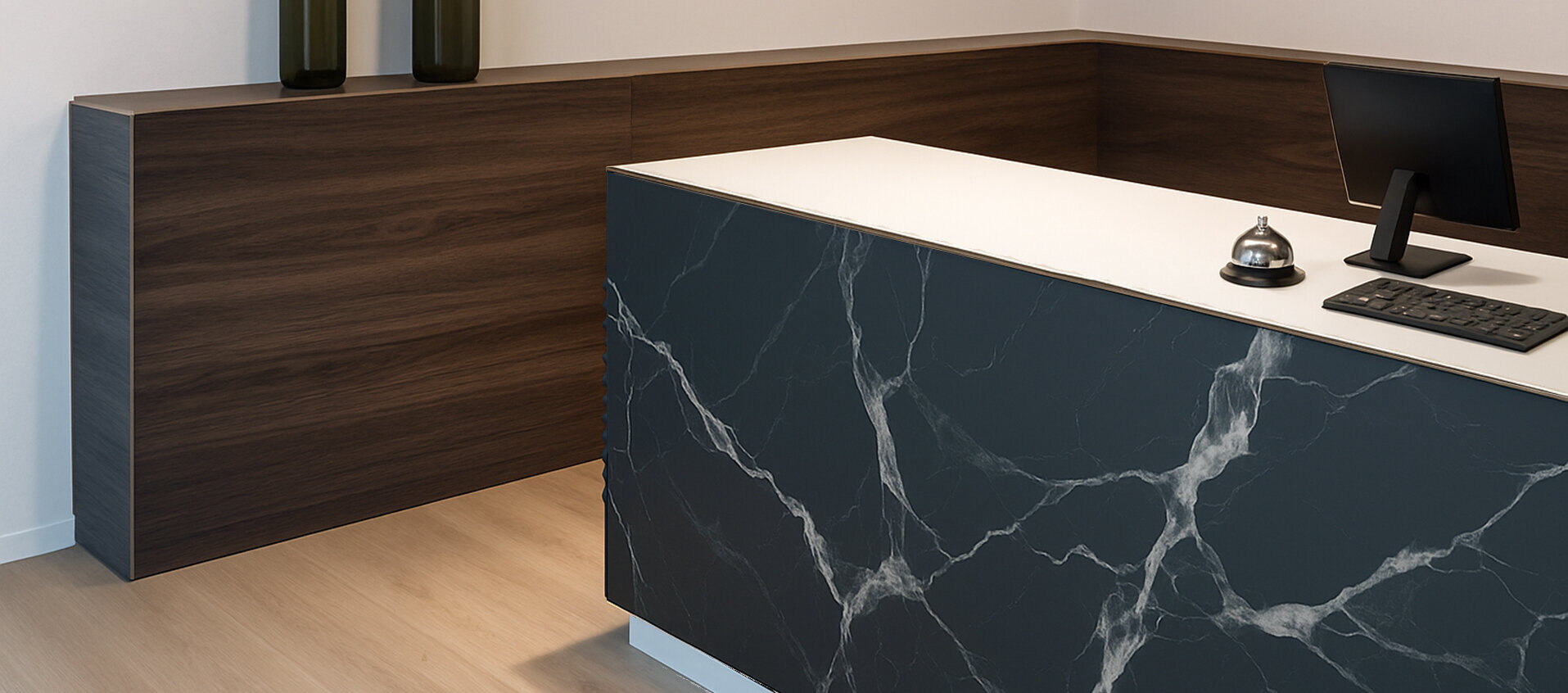 Modern reception showcasing laminate floor, marble-foil reception desk, and elegant sideboard design for a refined interior look.