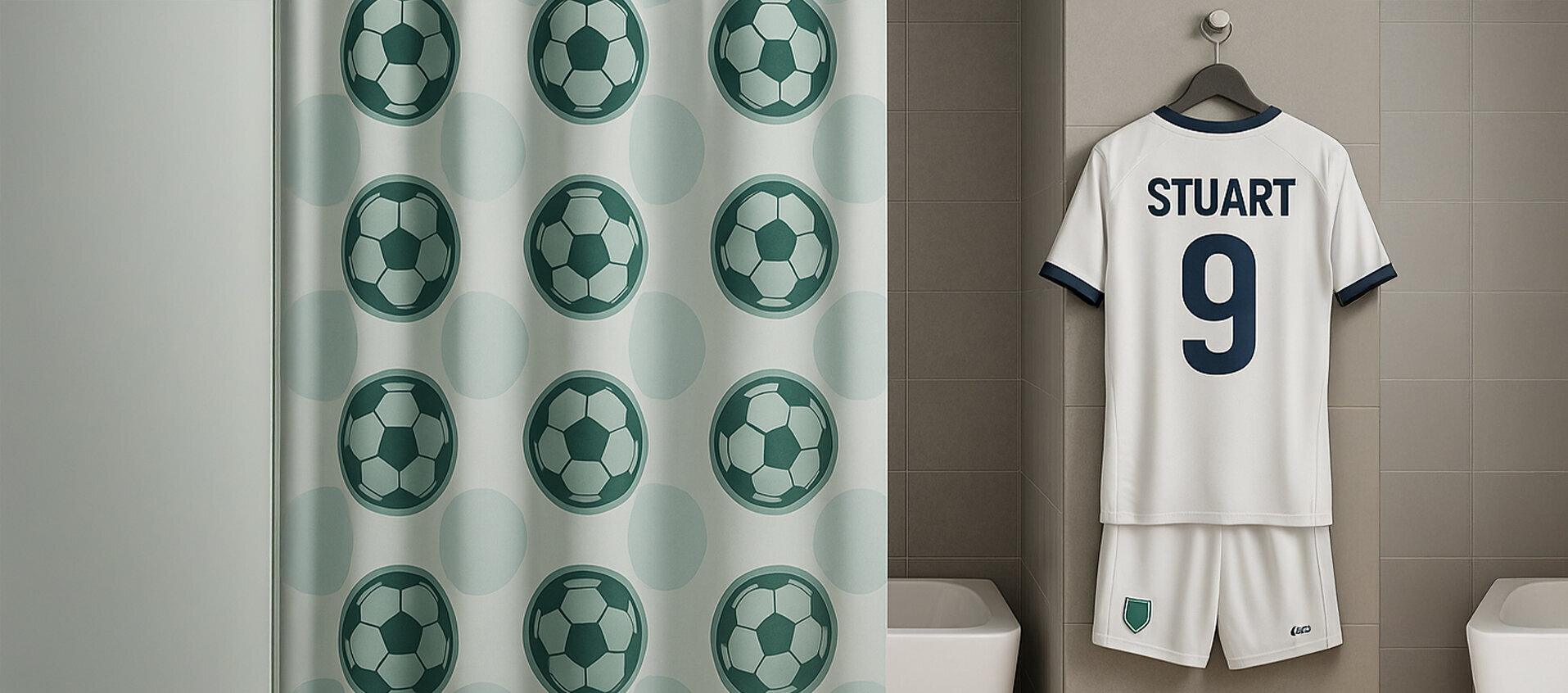 Bathroom with shower curtain and football kit using transfer paper