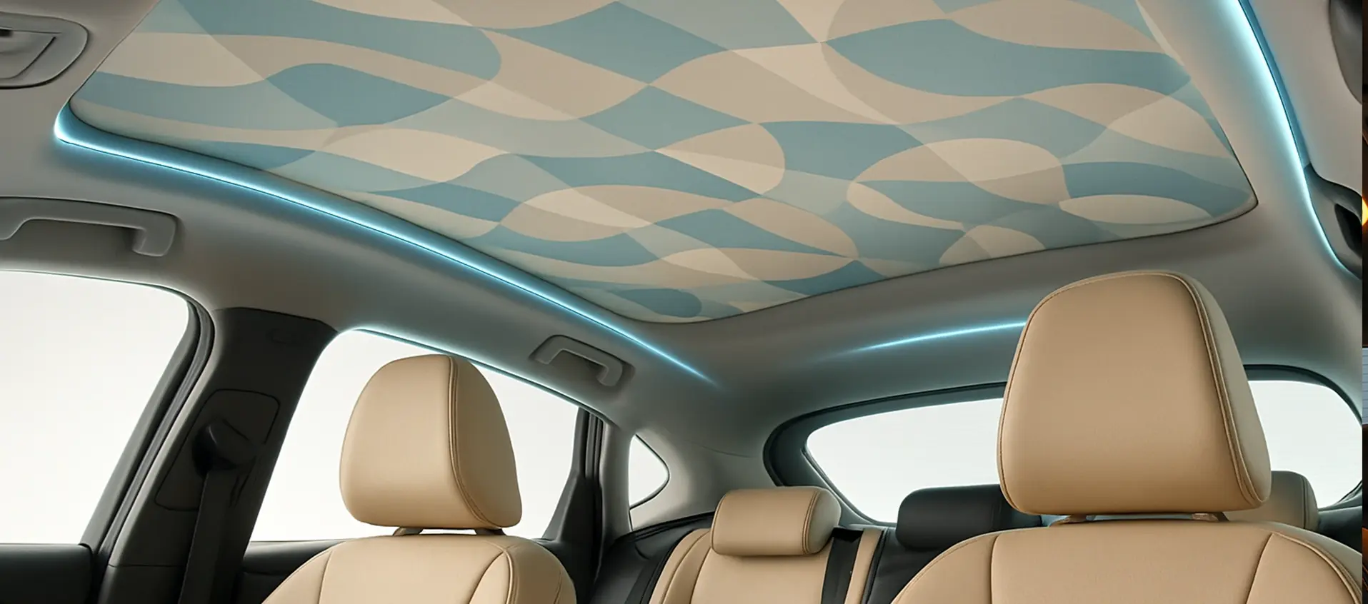 Interior of a modern car with a printed headliner