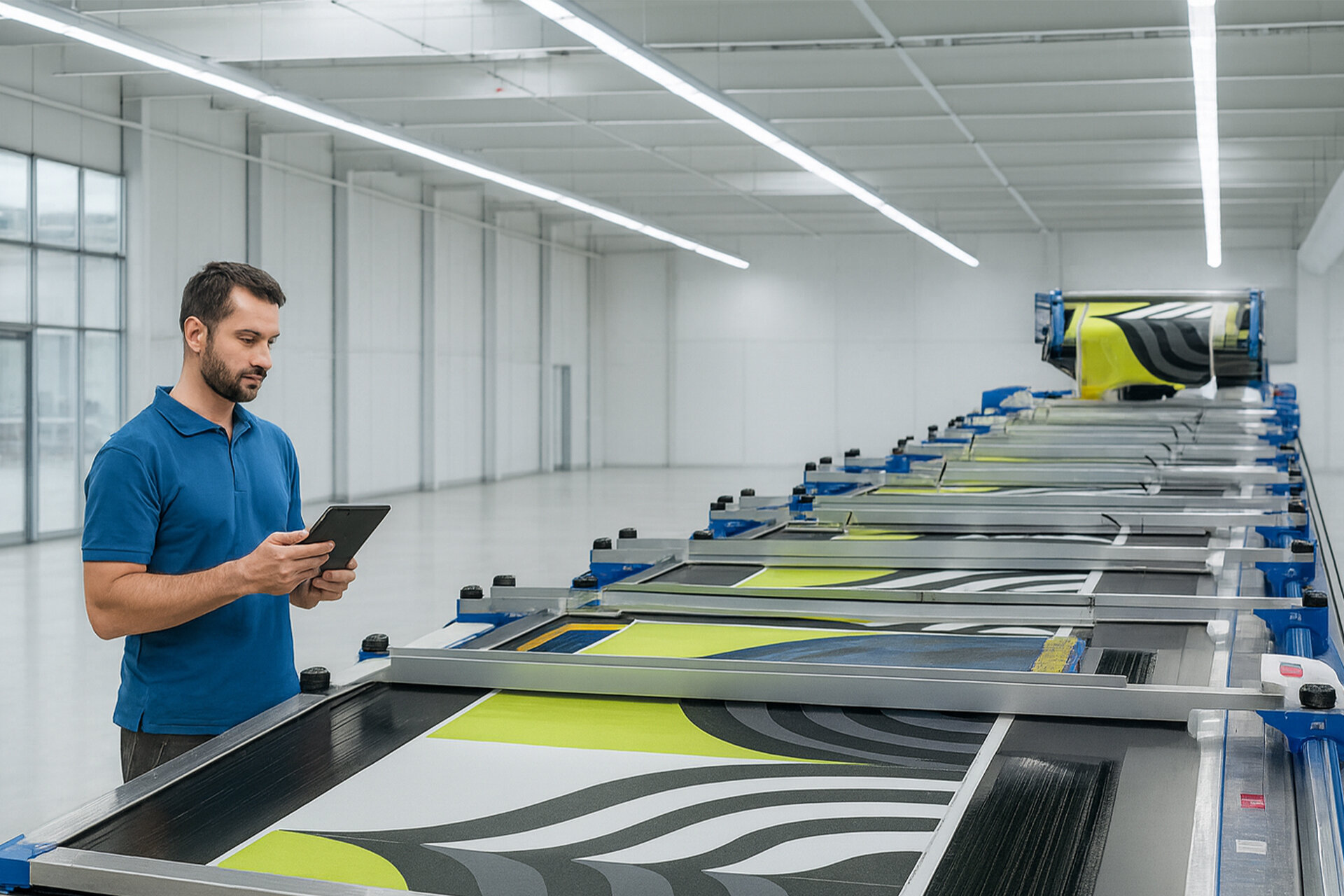 Technician at a Magnojet line from ZIMMER AUSTRIA, standing in a modern production hall and supervising the manufacturing process.