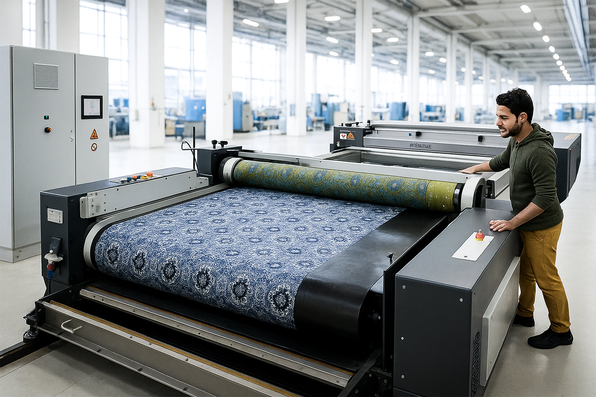 Experience the ROTASCREEN MIDI-II in full production – high-precision textile printing in a bright, modern hall.