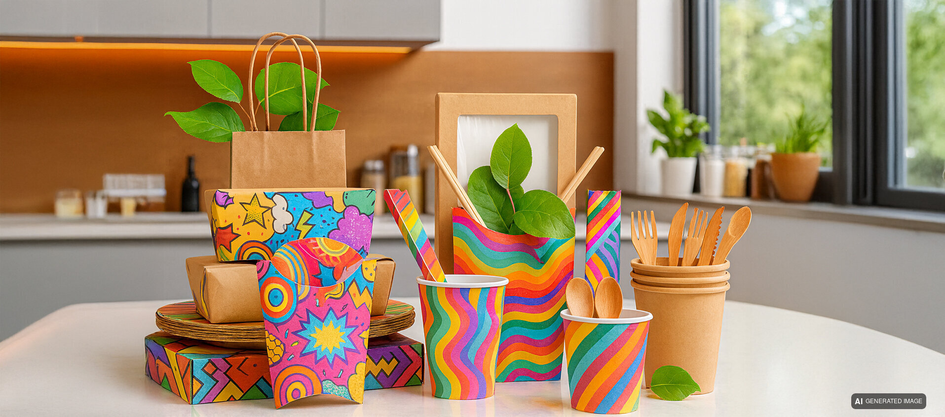 Modern kitchen featuring printed paper packaging with inner coating, combining practicality, protection, and eco-friendly design.
