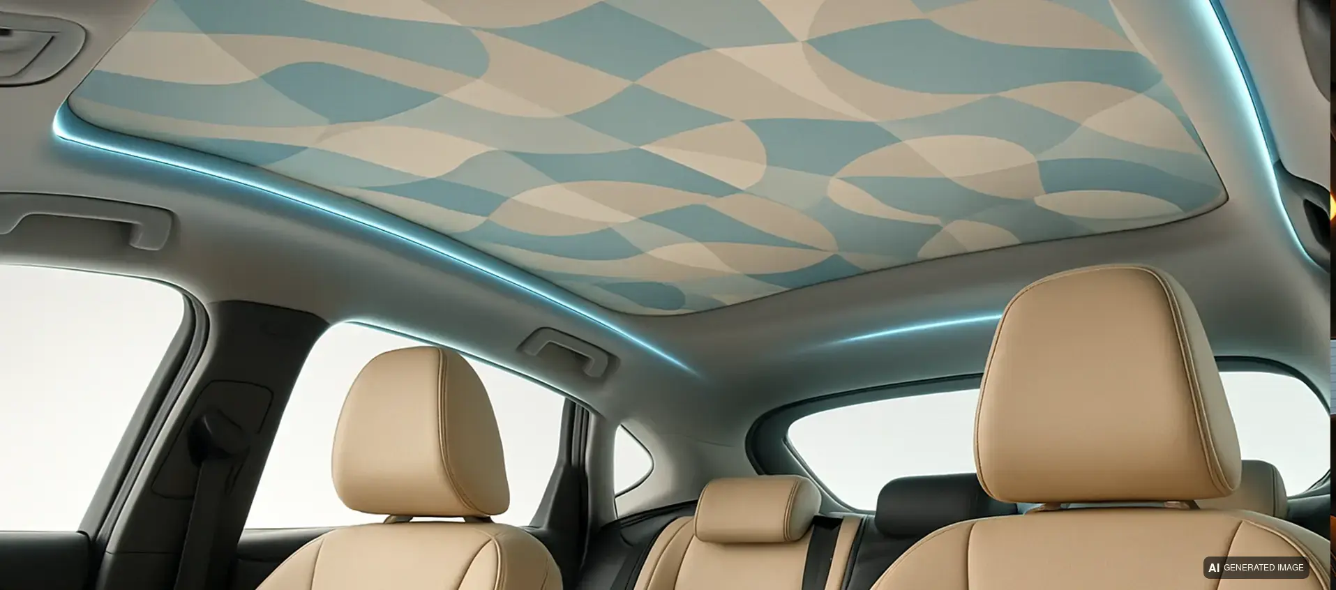 Interior of a modern car with a printed headliner