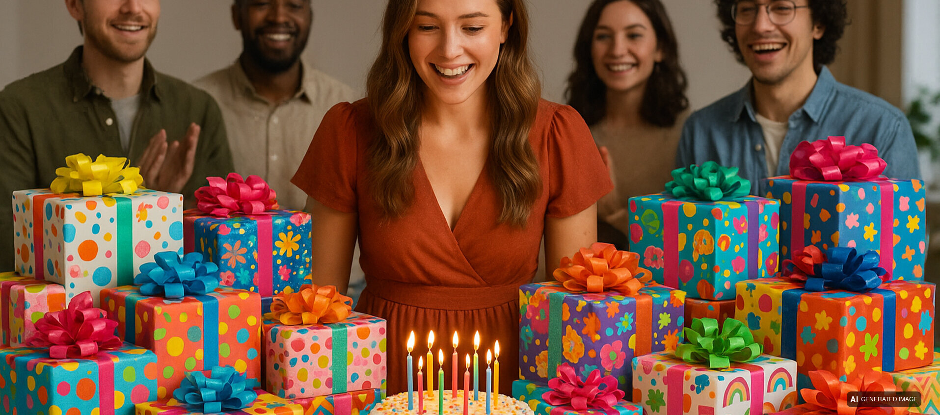 Woman with birthday cake and gifts wrapped in decorative paper