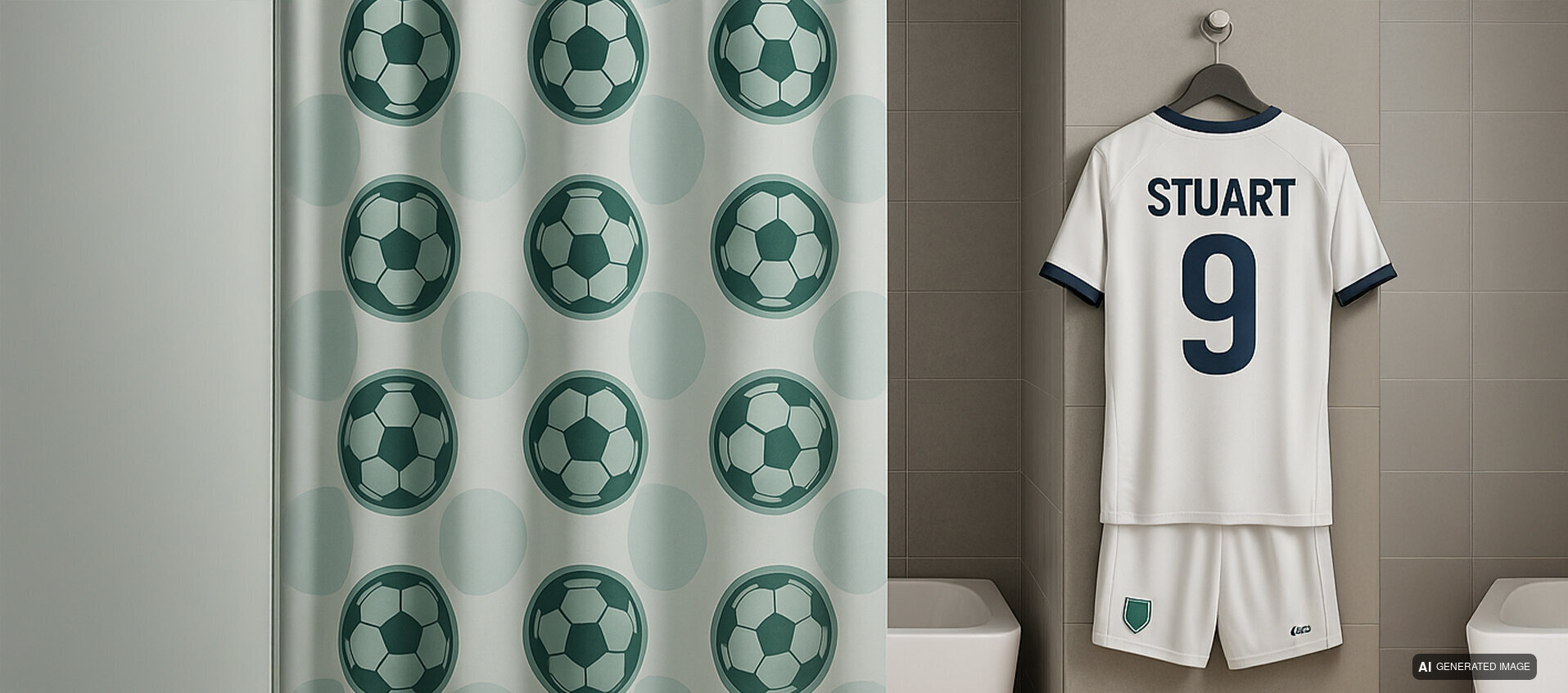 Bathroom with shower curtain and football kit using transfer paper